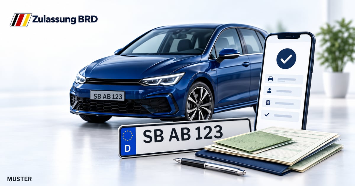 Online Fahrzeugzulassung in Saarbrücken: Musterkennzeichen SB AB 123, Auto und Fahrzeugpapiere und Smartphone. Illustration mit Logo von Zulassung BRD.
